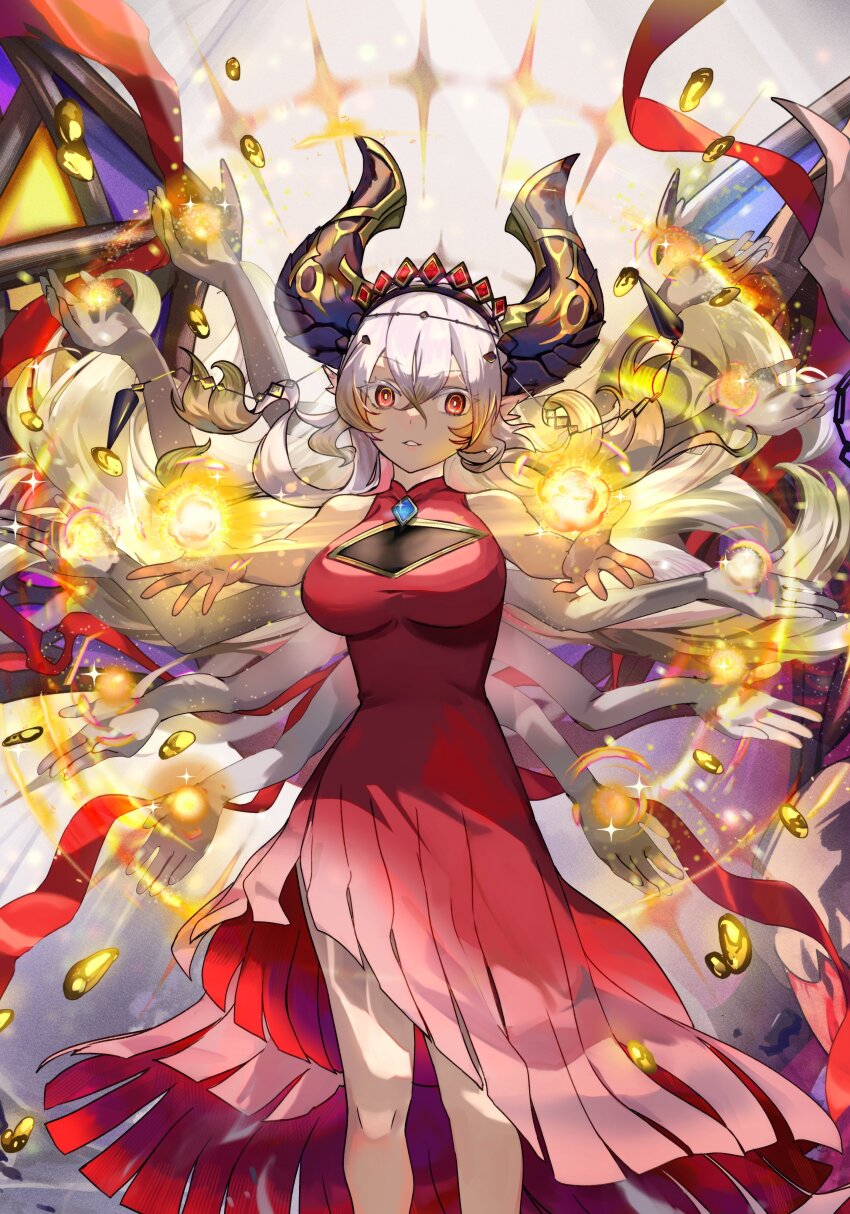 1girl absurdres bare_shoulders black_horns blazing_cartesia_the_virtuous breasts cleavage_cutout clothing_cutout colored_skin dress duel_monster ecclesia_(yu-gi-oh!) extra_arms hair_between_eyes highres horns hsin large_breasts long_hair official_alternate_costume outstretched_arms pointy_ears red_dress red_eyes solo spread_arms surrounded_by_hands tiara white_hair white_skin wings yu-gi-oh!