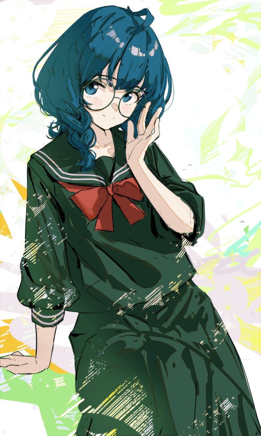 1girl absurdres adjusting_eyewear ahoge arm_support black-framed_eyewear black_dress black_sailor_collar black_serafuku blue_eyes blue_hair braid closed_mouth dress glasses hand_on_eyewear hand_up highres looking_at_viewer make_heroine_ga_oo_sugiru! medium_hair neckerchief red_neckerchief round_eyewear sailor_collar sailor_dress school_uniform serafuku solo songchuan_li twin_braids yanami_anna