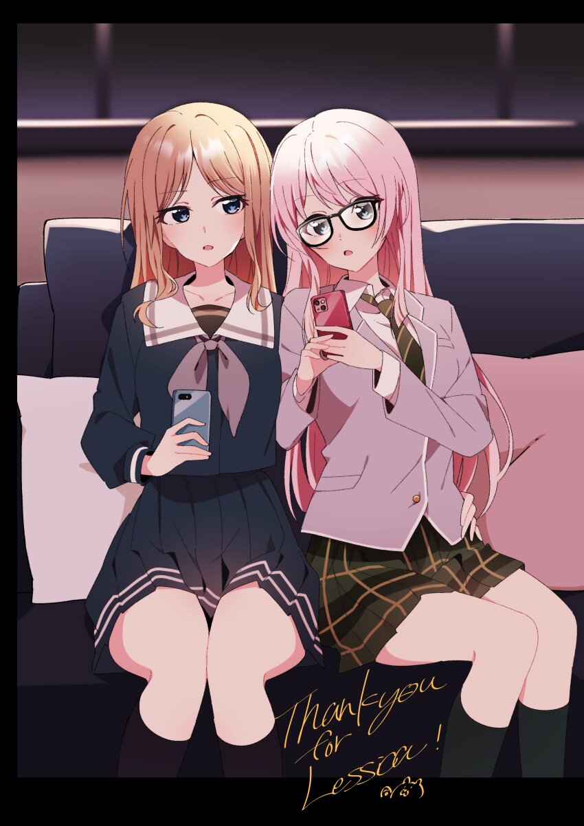 2girls :o absurdres bang_dream! bang_dream!_it&#039;s_mygo!!!!! black_shirt black_skirt black_socks blazer blush brown_hair cellphone chihaya_anon commentary commissioner_name english_commentary green_necktie green_skirt grey_jacket haneoka_school_uniform highres holding holding_phone indoors jacket kneehighs long_hair long_sleeves looking_at_another looking_to_the_side multiple_girls nagasaki_soyo necktie parted_lips phone pink_hair plaid_clothes plaid_skirt sailor_collar school_uniform second-party_source serafuku shigure_(sigre) shirt skirt smartphone socks tongue tsukinomori_school_uniform white_sailor_collar