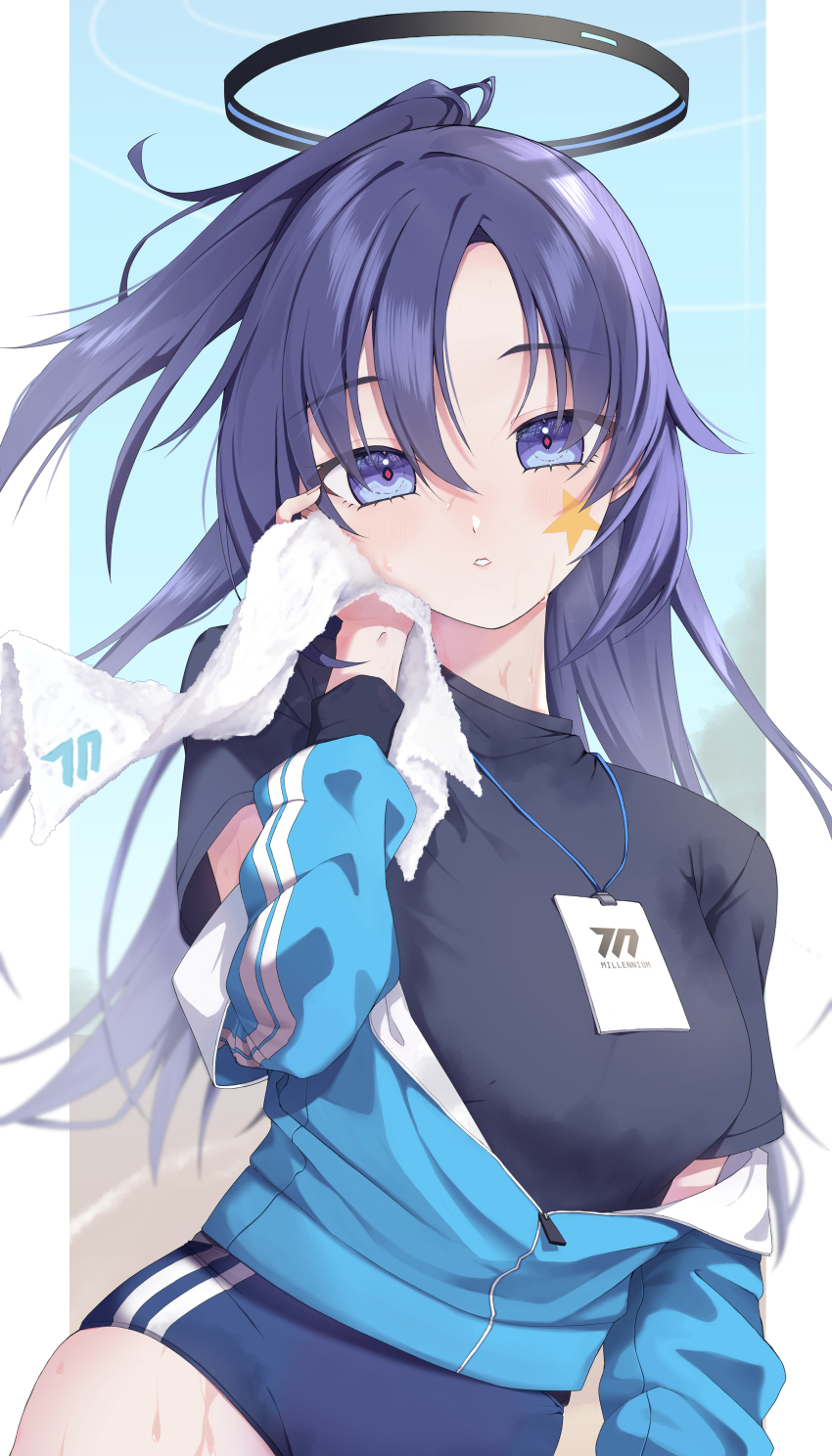 1girl absurdres black_buruma black_shirt blue_archive blue_buruma blue_eyes blue_jacket breasts buruma cowboy_shot forehead gym_shirt gym_uniform halo highres holding holding_towel hot id_card jacket lanyard light_blush long_hair looking_at_viewer mechanical_halo medium_breasts millennium_science_school_logo official_alternate_costume open_clothes open_jacket parted_bangs parted_lips partially_unzipped ponytail red_pupils sakuya_1nse shirt short_sleeves solo star_sticker sticker_on_face striped_buruma striped_clothes striped_jacket sweat t-shirt towel track_jacket upper_body vertical-striped_clothes vertical-striped_jacket wiping wiping_face wiping_sweat yuuka_(blue_archive) yuuka_(track)_(blue_archive)