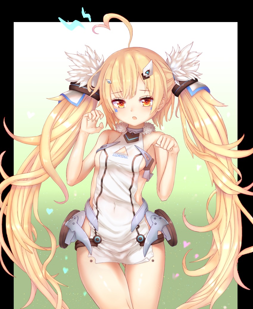 1girl :o ahoge azur_lane bare_arms bare_shoulders blonde_hair blush breasts brown_eyes character_name chicami collarbone covered_navel cowboy_shot dress eldridge_(azur_lane) facial_mark fang female_focus fingernails fur_trim gluteal_fold hair_ornament heart highres lightning_bolt_symbol long_hair looking_at_viewer medium_breasts parted_lips sleeveless sleeveless_dress solo twintails very_long_hair white_dress