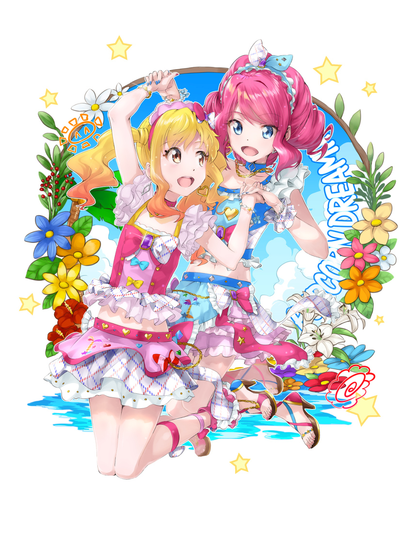 10s 2girls :d aikatsu! aikatsu!_(series) aikatsu_stars! bare_shoulders blonde_hair blue_eyes bow bracelet branch cloud cloudy_sky crop_top day drill_hair earrings eye_contact flower flower_request frills gradient_hair hair_bow hairband headdress heart heart_earrings high_heels highres holding_hands idol jewelry lily_(flower) long_hair looking_at_another midriff multicolored_hair multiple_girls nail_polish navel nijino_yume ocean open_mouth pink_hair sakuraba_rola scrunchie skirt sky sleeveless smile song_name toenail_polish toenails twintails yone