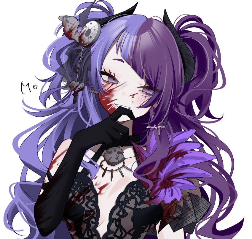 1girl aegyo_sal arm_at_side black_choker black_dress black_gloves black_horns blood blood_on_arm blood_on_cheek blood_on_clothes blood_on_face blush breasts choker cleavage collarbone commentary diagonal_bangs dress elbow_gloves gloves grin hair_ornament hand_on_own_chin hand_up hazaki_yoshino head_tilt heart highres horns idolmaster idolmaster_shiny_colors lace_dress long_hair looking_at_viewer multicolored_hair pale_skin pendant_choker purple_eyes purple_hair simple_background smile solo split-color_hair straight-on tanaka_mamimi two-tone_hair two_side_up white_background