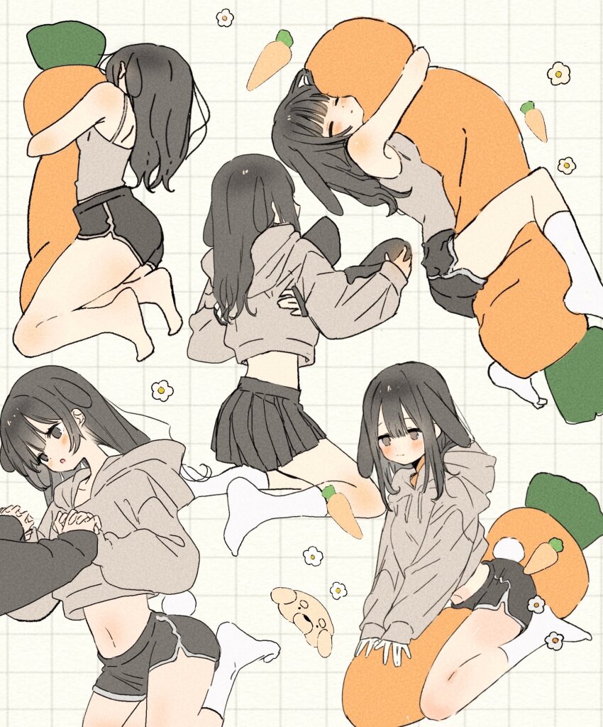 1girl animal_ears barefoot black_hair black_shorts black_skirt blush breasts camisole carrot carrot-shaped_pillow carrying carrying_person closed_mouth commentary_request disembodied_hand dolphin_shorts flower grey_camisole grey_eyes grey_hoodie grid_background highres holding_hands hood hoodie hugging_object kemonomimi_mode maple_(abc2215) medium_hair midriff multiple_views navel open_mouth original pillow pillow_hug rabbit_ears shorts skirt small_breasts socks white_background white_socks