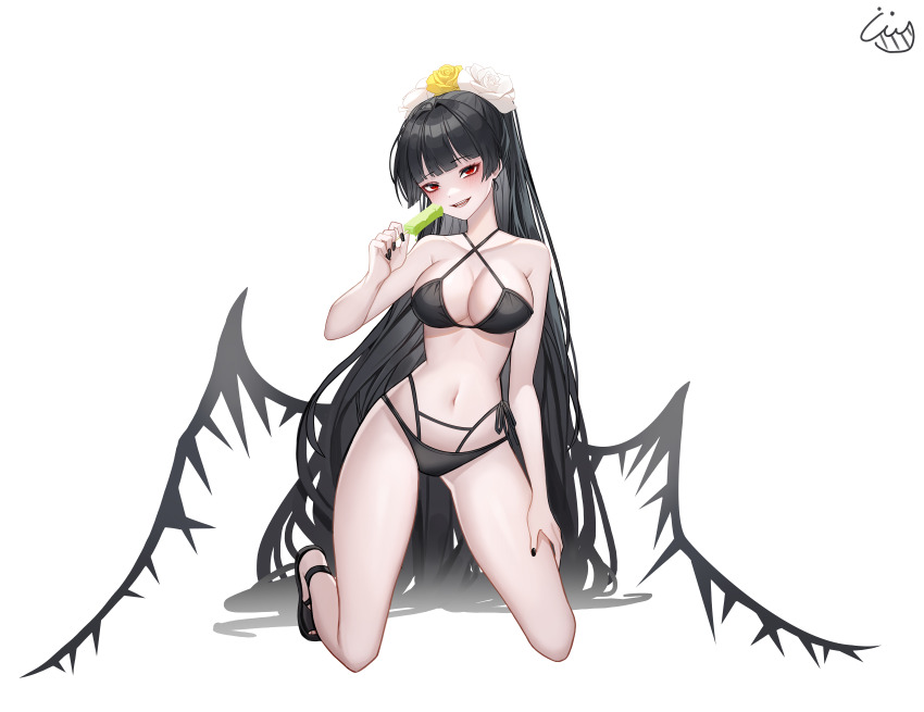 absurdres bikini black_bikini black_hair black_nails black_wings blue_archive blunt_bangs criss-cross_halter flower food full_body hair_flower hair_ornament halo halterneck highres holding holding_food holding_popsicle kneeling long_hair looking_at_viewer low_wings nail_polish official_alternate_costume popoka0930 popsicle red_eyes swimsuit tsurugi_(blue_archive) tsurugi_(swimsuit)_(blue_archive) white_background winged_halo wings