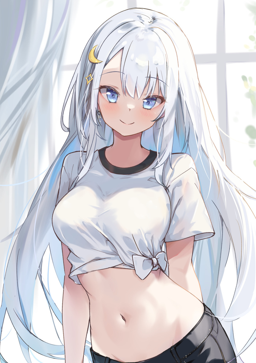 1girl absurdres black_pants blue_eyes blush breasts cowboy_shot crescent crescent_hair_ornament hair_ornament highres indoors large_breasts long_hair looking_at_viewer midriff navel original pants shirt smile solo stomach tabitsuki white_hair white_shirt window