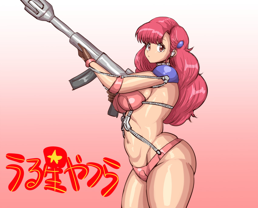 1girl absurdres ass bikini breasts curvy highres huge_ass large_breasts long_hair looking_at_viewer pink_eyes pink_hair plump ponkotsu_(robolobo4956) ran_(urusei_yatsura) solo spacesuit swimsuit takahashi_rumiko_(style) urusei_yatsura weapon wide_hips