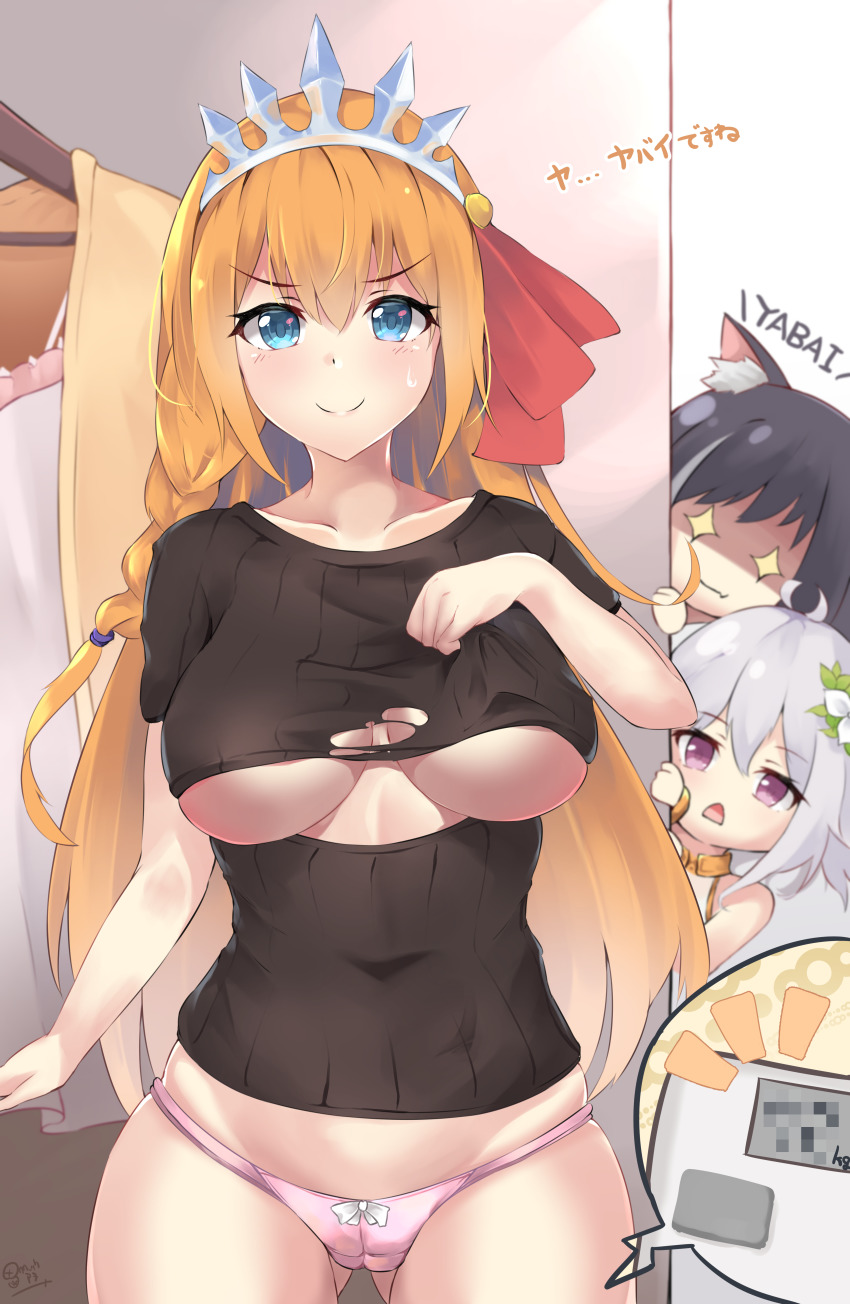 +_+ 3girls ^^^ absurdres animal_ear_fluff animal_ears bad_id bad_pixiv_id bathroom_scale black_hair black_sweater blue_eyes blurry blush bow bow_panties breasts brown_hair cat_ears censored closed_mouth clothes_hanger collarbone commentary_request d: depth_of_field fang gluteal_fold highres karyl_(princess_connect!) kokkoro_(princess_connect!) large_breasts long_hair looking_at_viewer meme_attire mosaic_censoring multiple_girls mushpz no_pants open-chest_sweater open_mouth panties pecorine_(princess_connect!) peeking_out pink_panties princess_connect! purple_eyes ribbed_sweater romaji_text signature silver_hair smile sweatdrop sweater tiara torn_clothes torn_sweater translation_request underboob underwear v-shaped_eyebrows very_long_hair weighing_scale