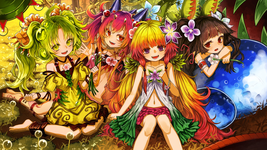 4girls ahoge bare_shoulders blonde_hair brown_hair dress duel_monster flower fuji_tarawi green_eyes green_hair hair_flower hair_ornament highres long_hair low_twintails multiple_girls navel open_mouth purple_eyes red_eyes red_hair traptrix_dionaea traptrix_mantis traptrix_nepenthes traptrix_sera twintails yu-gi-oh!