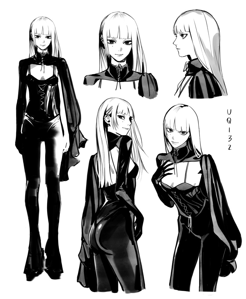 1girl absurdres artist_name breasts cleavage cleavage_cutout clothing_cutout commentary english_commentary from_behind full_body gloves greyscale highres hime_cut long_hair looking_at_viewer looking_to_the_side monochrome multiple_views original pants profile standing uqi32