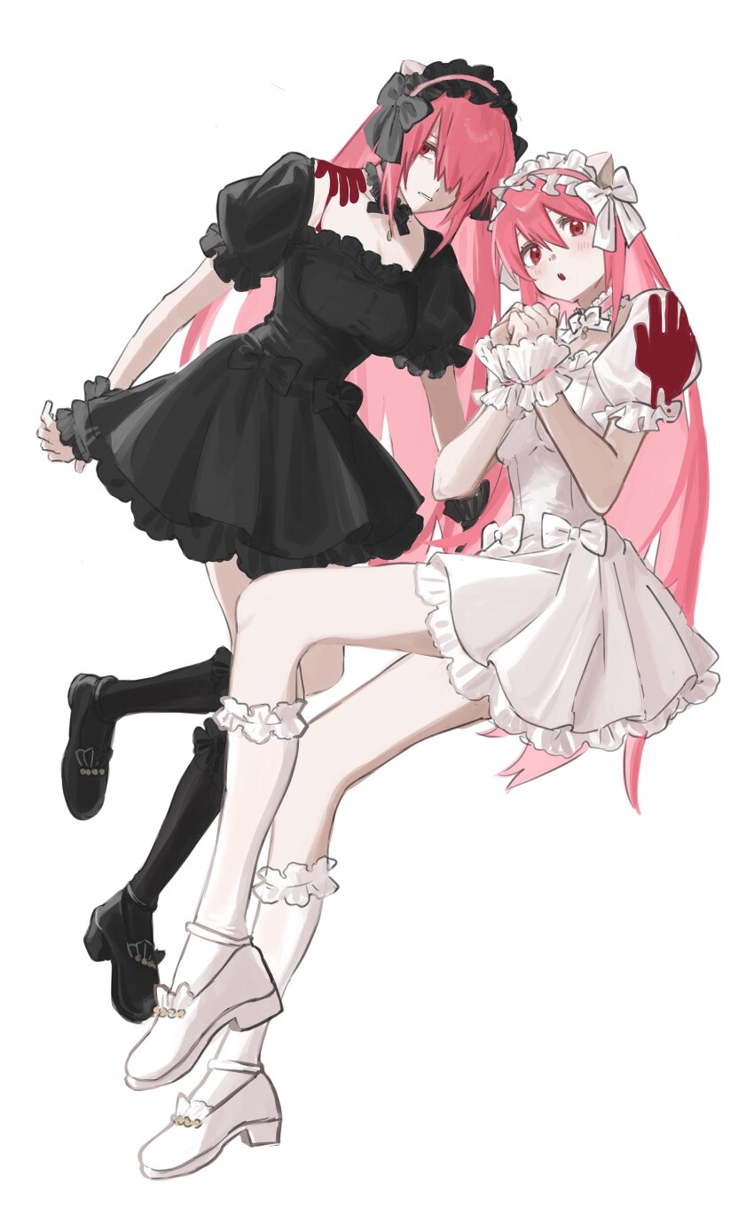 2girls absurdres black_bow black_dress black_footwear black_socks bloody_handprints bow choker clenched_teeth commentary_request dress dual_persona elfen_lied floating frilled_cuffs frills full_body gothic_lolita hair_between_eyes hair_over_one_eye hairband handprint highres light_blush lolita_fashion lolita_hairband long_hair lucy_(elfen_lied) multiple_girls nyuu own_hands_together pale_skin parted_lips pink_hair puffy_short_sleeves puffy_sleeves red_eyes ribbon_choker short_sleeves simple_background socks teeth tori_(toridaisukichu) white_background white_bow white_footwear white_socks wrist_cuffs