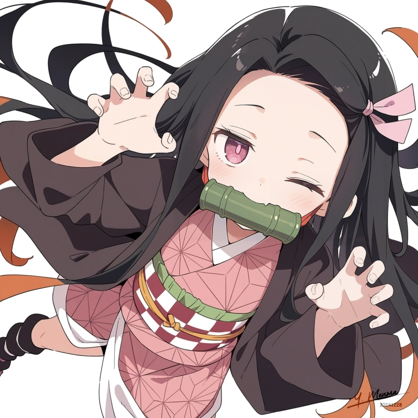 1girl arms_up asa_no_ha_(pattern) bamboo bit_gag black_hair checkered_haori checkered_sash forehead from_above gag gagged haori highres japanese_clothes kamado_nezuko kimetsu_no_yaiba kimono long_hair looking_at_viewer one_eye_closed pink_eyes pink_kimono pink_ribbon ribbon sidelocks simple_background solo white_background yuusha_menma