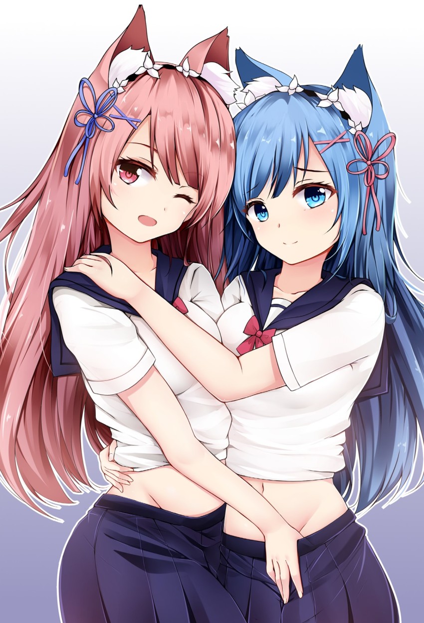 10s 2girls alternate_costume alternate_hair_length alternate_hairstyle animal_ears blue_eyes blue_hair blue_ribbon bow cat_ears clothes_lift groin hair_ornament hand_in_skirt hand_on_another&#039;s_shoulder hand_under_clothes highres hug long_hair looking_at_viewer maid_headdress multiple_girls navel one_eye_closed open_mouth pink_eyes pink_hair pink_ribbon pleated_skirt qingye_ling ram_(re:zero) re:zero_kara_hajimeru_isekai_seikatsu rem_(re:zero) ribbon school_uniform serafuku shirt_lift short_hair siblings sisters skirt smile twins very_long_hair x_hair_ornament