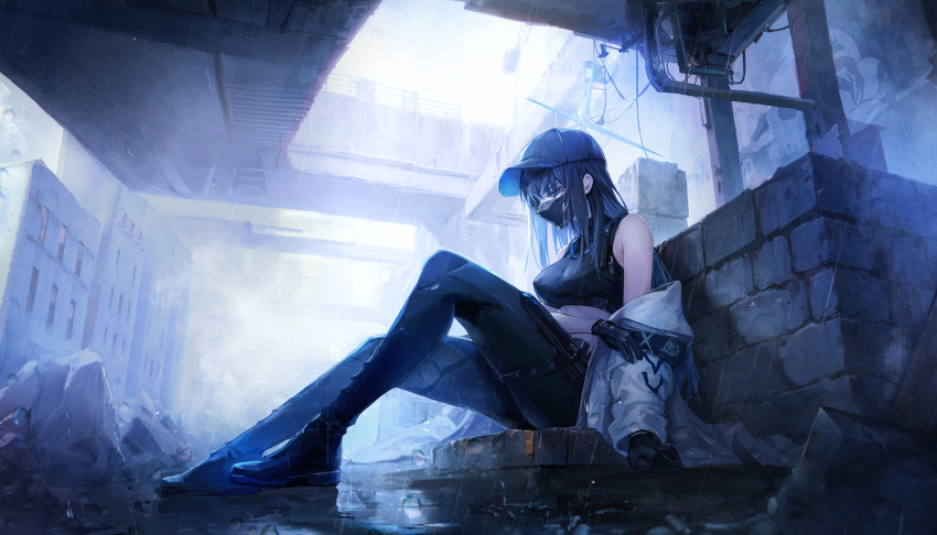 1girl baseball_cap black_gloves black_hair black_mask black_pants blue_archive breasts brick building crop_top full_body gloves hat highres holster jacket large_breasts long_hair mask mouth_mask off_shoulder pants rubble saori_(blue_archive) saya_kuroha sitting solo thigh_holster white_jacket