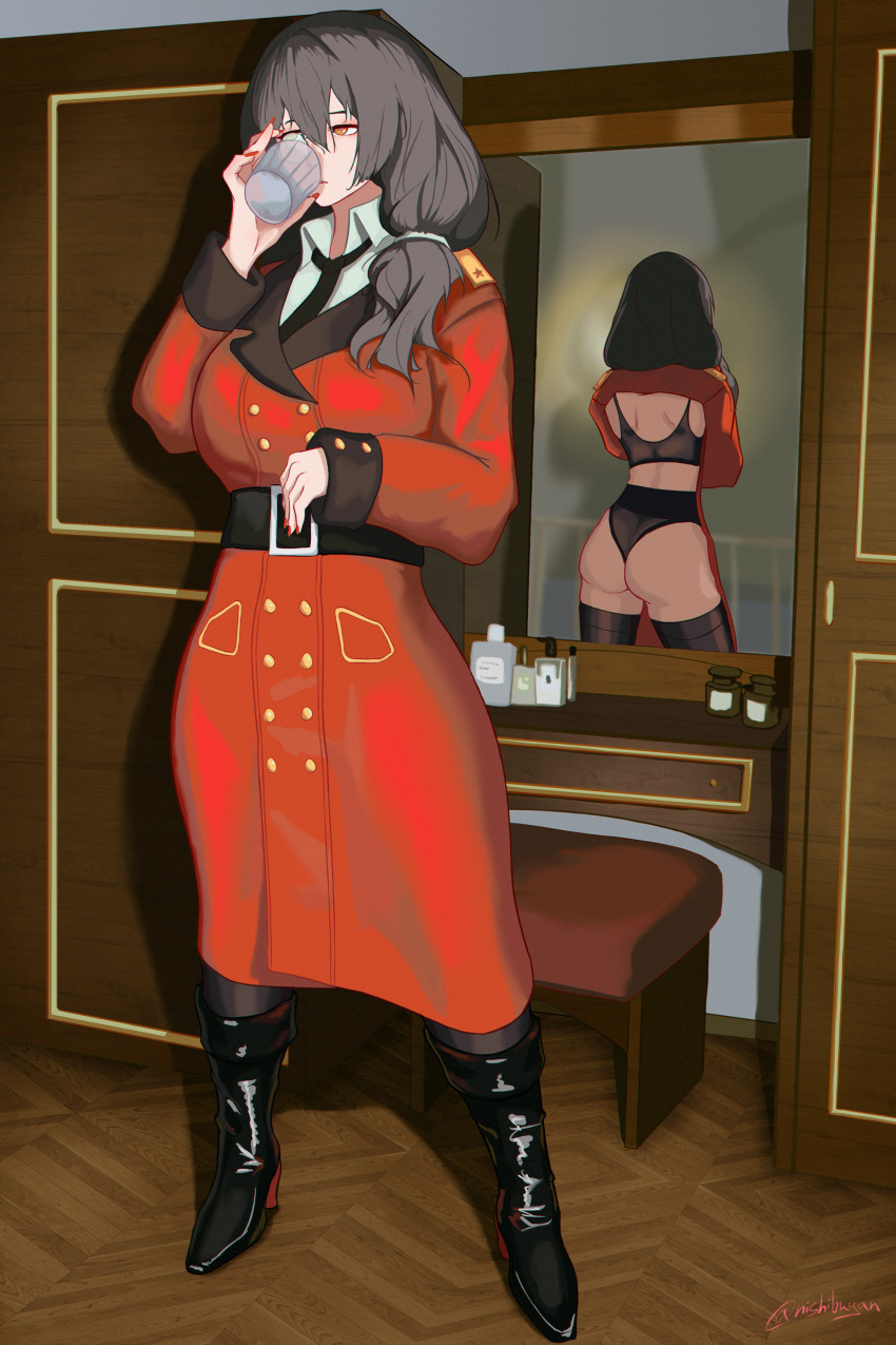 absurdres boots bra coat cup girls&#039;_frontline grey_hair griffin_&amp;_kryuger_military_uniform helianthus_(girls&#039;_frontline) highres holding holding_cup leather leather_boots meme_attire mirror monocle nail_polish necktie nishibuya panties red_coat scrunchie thighhighs twitter_username underwear