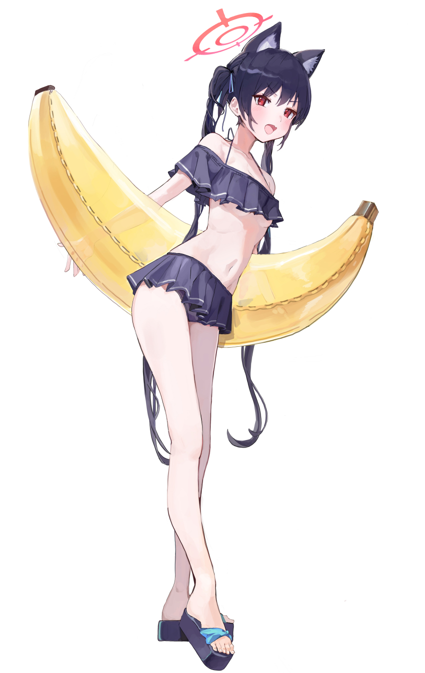 1girl absurdres animal_ear_fluff animal_ears banana_boat bikini black_bikini black_hair blue_archive blush breasts cat_ears commentary fang feet frilled_bikini frills full_body ggab0621 hair_ribbon halo highres holding inflatable_toy long_hair looking_at_viewer navel official_alternate_costume open_mouth open_shoes red_eyes red_halo ribbon sandals serika_(blue_archive) serika_(swimsuit)_(blue_archive) simple_background skin_fang small_breasts solo standing stomach swimsuit toes twintails underboob very_long_hair white_background