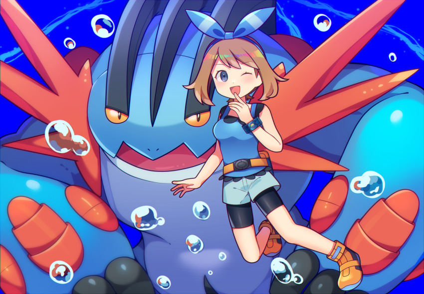 0mzum1 1girl ;d alternate_color bike_shorts bike_shorts_under_shorts blue_bow blue_eyes blue_hairband blue_shirt blush bow bow_hairband breasts brown_hair bubble colored_sclera commentary_request creatures_(company) fanny_pack game_freak gen_3_pokemon hairband hand_up looking_at_viewer may_(pokemon) medium_hair mega_pokemon mega_swampert nintendo one_eye_closed open_mouth orange_sclera pokemon pokemon_(creature) pokemon_masters_ex shirt shoes shorts sleeveless sleeveless_shirt small_breasts smile swampert white_shorts yellow_footwear