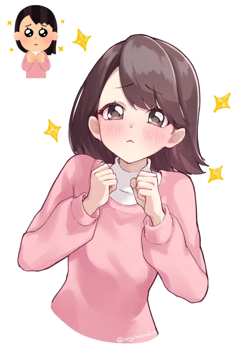 1girl :&lt; blush brown_eyes brown_hair clenched_hands highres irasutoya irasutoya_challenge looking_at_viewer pink_sweater pleading_eyes regimiruku short_hair simple_background solo sparkle sweater upper_body white_background