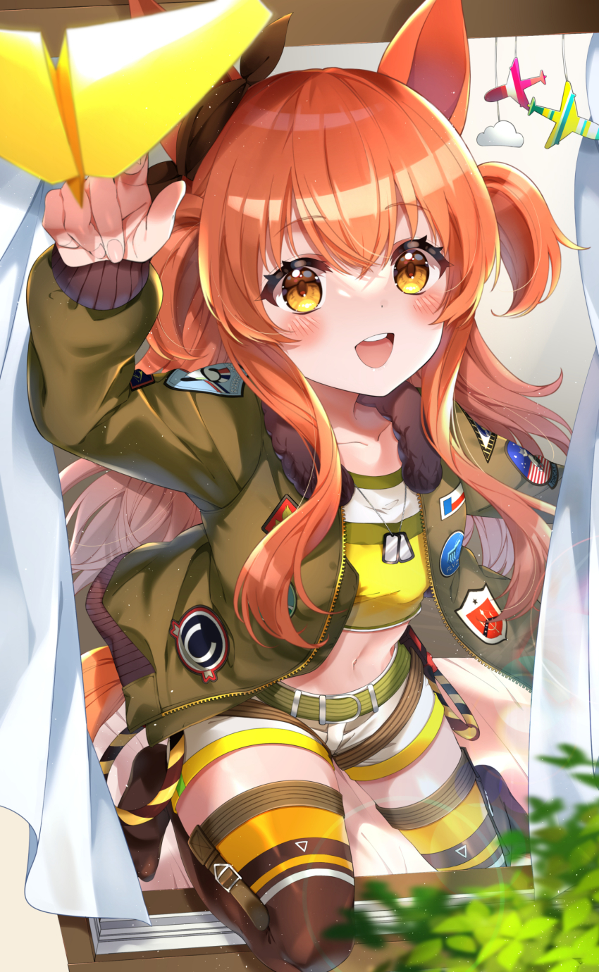 1girl absurdres bed blush bomber_jacket breasts collarbone dog_tags hair_ornament highres jacket long_hair mayano_top_gun_(umamusume) midriff nobell_(bell_no5) open_mouth orange_eyes orange_hair paper_airplane shorts small_breasts solo thighhighs umamusume very_long_hair window