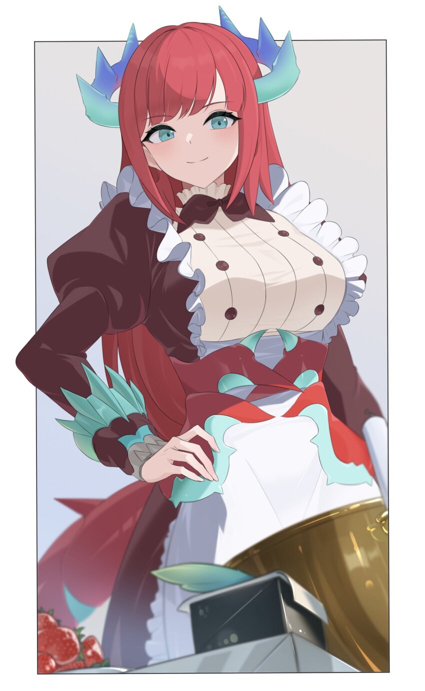 1girl blue_eyes bowl breasts brown_dress cowboy_shot dragon_girl dragon_horns dragon_tail dress duel_monster dutch_angle food fruit hand_on_own_hip heichi highres horns kitchen_dragonmaid large_breasts looking_at_viewer red_hair smile solo standing strawberry tail yu-gi-oh!