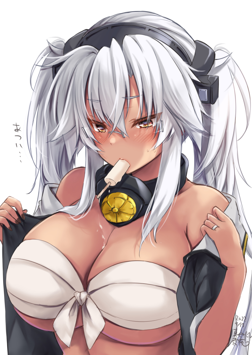 1girl 2022 absurdres black_nails breasts brown_eyes cleavage dark-skinned_female dark_skin dated female_focus food glasses gradient_nails grey-framed_eyewear grey_nails grey_shirt hair_between_eyes headgear highres hot jewelry kantai_collection large_breasts long_hair mashiro_yukiya musashi_(kancolle) musashi_kai_ni_(kancolle) nail_polish open_clothes pointy_hair popsicle rectangular_eyewear rimless_eyewear ring sakuramon sarashi semi-rimless_eyewear shirt short_sleeves signature solo translated twintails underboob upper_body very_long_hair wedding_band white_hair