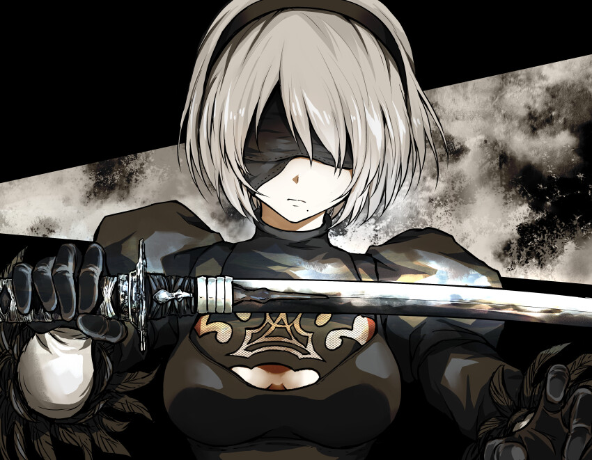 1girl 2b_(nier:automata) absurdres black_background black_blindfold black_dress black_gloves black_hairband blindfold breasts cleavage closed_mouth clothing_cutout covered_eyes dress feather-trimmed_sleeves feather_trim gloves hairband highres holding holding_sword holding_weapon juliet_sleeves katana long_sleeves medium_breasts mole mole_under_mouth nier:automata nier_(series) puffy_sleeves shimoda_masaya short_hair simple_background solo sword virtuous_contract weapon white_hair