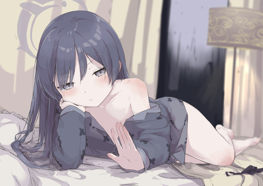 1girl absurdres barefoot black_eyes black_hair black_shirt blue_archive blush cheek_rest closed_mouth flat_chest full_body grey_halo halo highres indoors kisaki_(blue_archive) long_hair long_sleeves looking_at_viewer lying painnico panties shirt solo thighs underwear unworn_panties