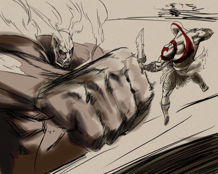 1boy action bad_id bad_pixiv_id bald bandages clenched_teeth colored_skin colossal_titan gauntlets glaring god_of_war grey_background grey_skin highres hikichi_sakuya kratos_(god_of_war) loincloth monster pteruges punching sandals shingeki_no_kyojin simple_background steam tattoo teeth titan_(shingeki_no_kyojin) weapon