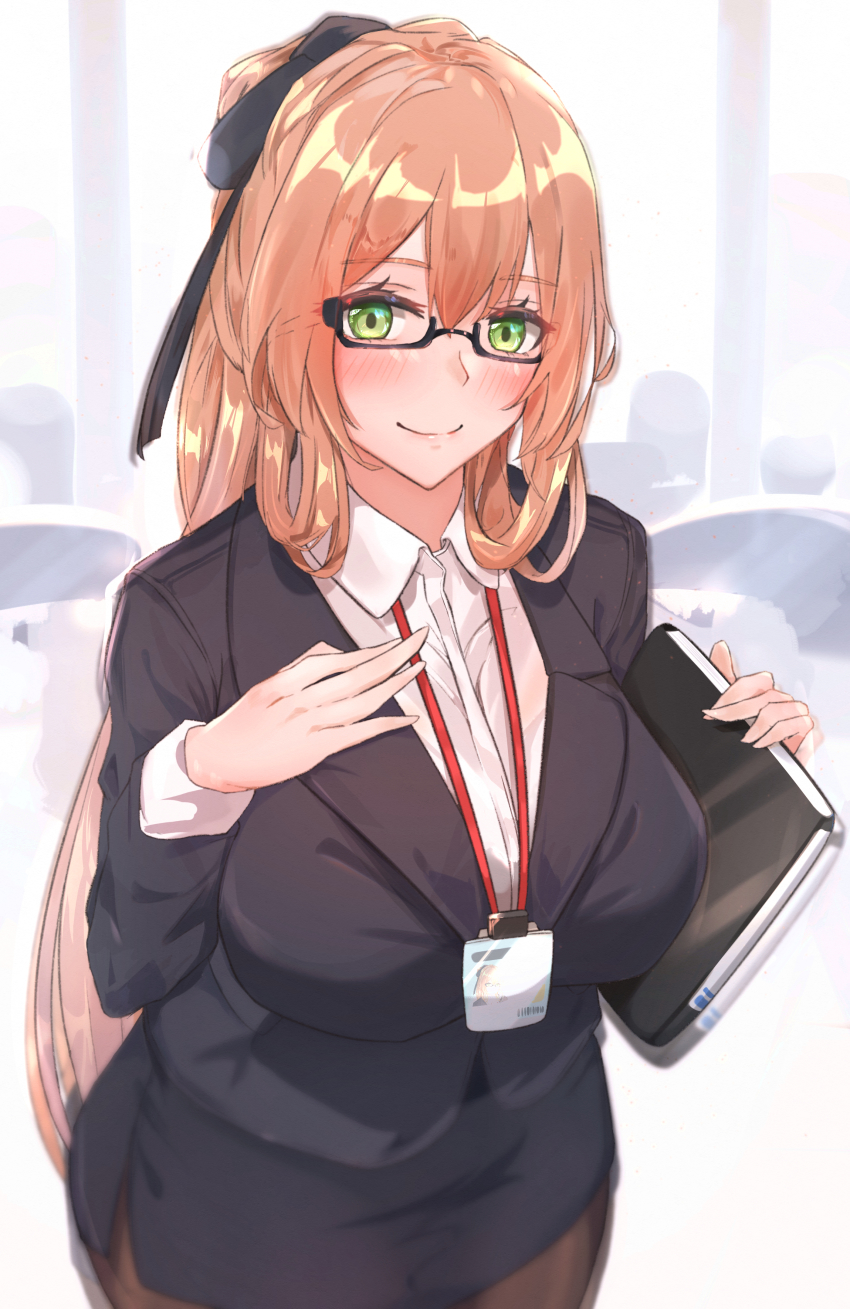 1girl absurdres bespectacled black-framed_eyewear black_pantyhose black_skirt black_suit breasts brown_hair business_suit collared_shirt dress_shirt formal girls&#039;_frontline glasses green_eyes hair_between_eyes hair_rings highres large_breasts long_hair long_sleeves miniskirt muteppona_hito office_lady pantyhose pencil_skirt ponytail shirt sidelocks simple_background skirt skirt_suit smile solo springfield_(girls&#039;_frontline) suit white_shirt