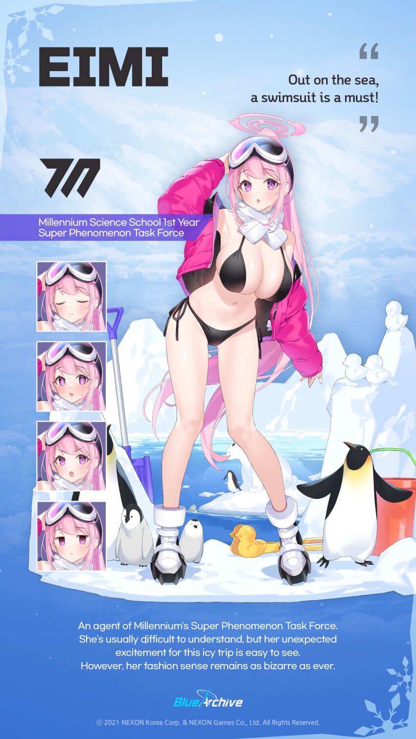 absurdres bikini bird black_bikini blue_archive commentary down_jacket eimi_(blue_archive) eimi_(swimsuit)_(blue_archive) english_commentary english_text expressions glacier goggles halo highres jacket official_alternate_costume official_art padded_jacket penguin pink_halo pink_jacket popqn scarf side-tie_bikini_bottom ski_goggles snow_duck swimsuit tagme white_scarf