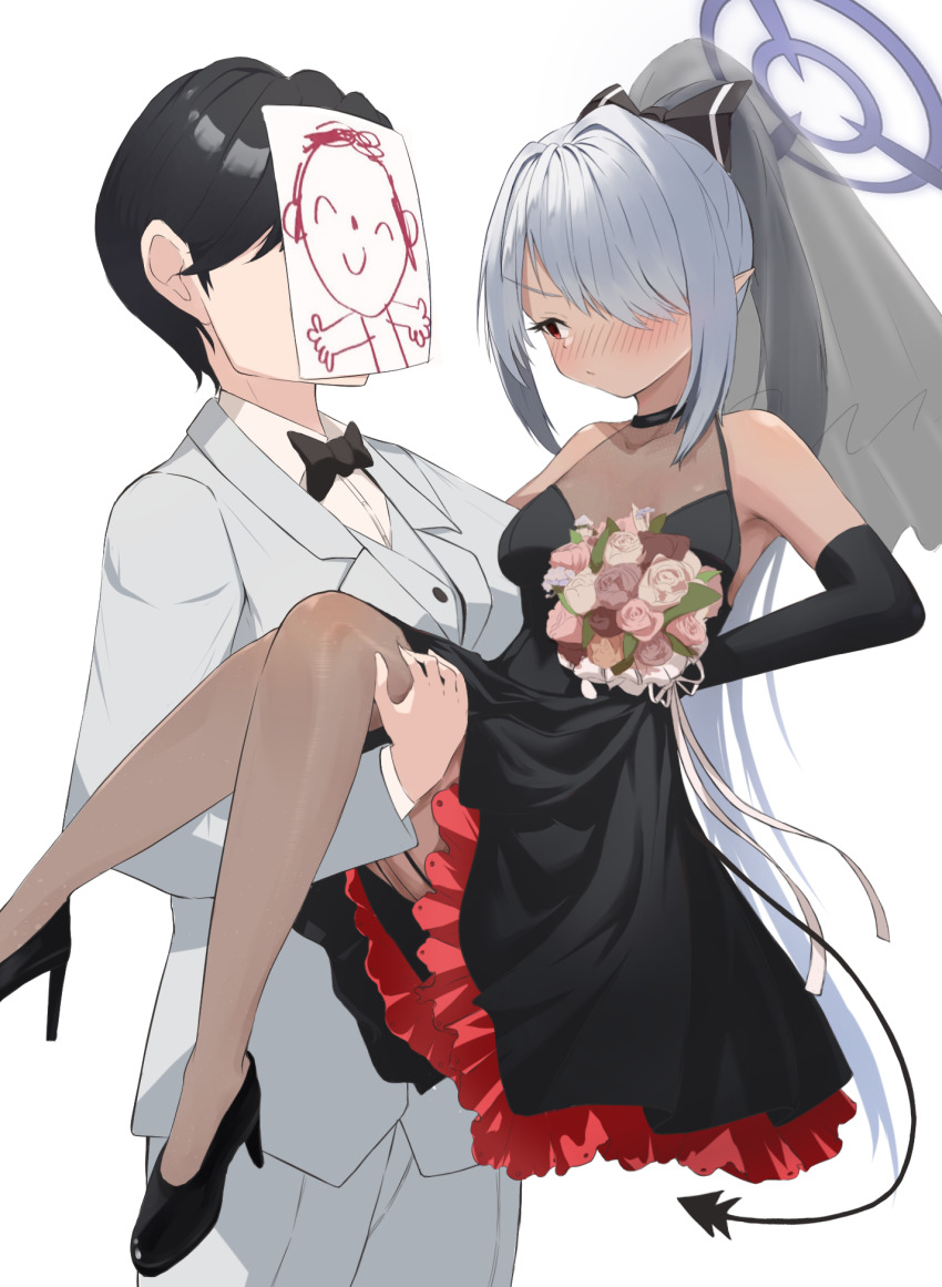 1boy 1girl alternate_costume alternate_hairstyle bare_shoulders black_bow black_bowtie black_choker black_dress black_footwear black_gloves black_hair blue_archive blush bouquet bow bowtie breasts bridal_veil brown_thighhighs carrying choker closed_mouth commentary couple dark-skinned_female dark_skin doodle_sensei_(blue_archive) dress elbow_gloves embarrassed flower formal frilled_dress frills full_body garter_straps gloves grey_hair hair_bow hair_intakes hair_over_one_eye halo hetero high_heels highres holding holding_bouquet iori_(blue_archive) knees_together_feet_apart long_hair looking_at_another mintchoco_(minchothudong) nose_blush one_eye_covered pink_flower pink_rose ponytail princess_carry purple_halo red_eyes rose sensei_(blue_archive) short_hair sidelocks sleeveless sleeveless_dress small_breasts straight_hair suit thighhighs v-shaped_eyebrows veil very_long_hair wedding wedding_dress white_suit