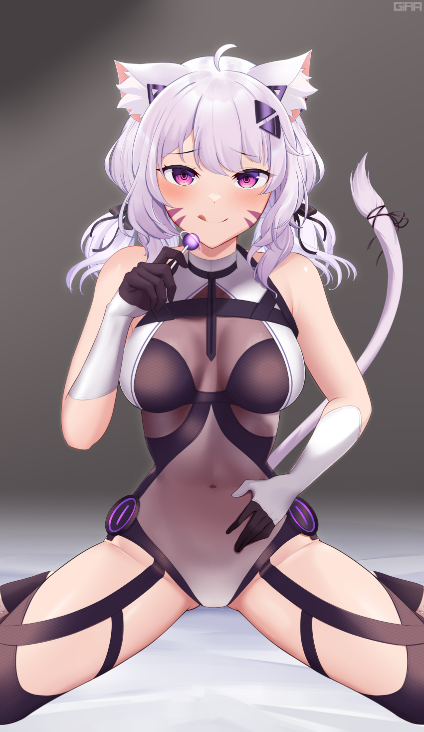 1girl absurdres animal_ears black_gloves black_ribbon breasts candy cat_ears cat_girl cat_tail commission facial_mark food girarikyo gloves grey_hair hair_ornament hair_ribbon hand_on_own_stomach highres holding holding_candy holding_food holding_lollipop indie_virtual_youtuber leotard lollipop purple_eyes ribbon see-through_clothes see-through_leotard shyrei_faolan solo tail two-tone_gloves vgen_commission virtual_youtuber whisker_markings white_gloves