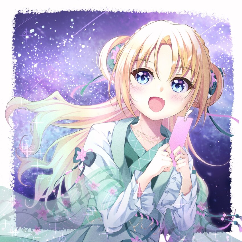 1girl :d blonde_hair blue_eyes blue_hair blush border braid collarbone commentary_request crown_braid fang flower gradient_hair green_kimono hair_flower hair_ornament hair_rings highres hoijin holding holding_tanzaku japanese_clothes kimono light_blue_hair link!_like!_love_live! long_hair looking_to_the_side love_live! multicolored_hair night night_sky official_alternate_costume open_mouth orihime_soushi_(love_live!) osawa_rurino outside_border pink_flower purple_sky sideways_glance skin_fang sky smile solo star_(sky) starry_sky tanabata tanzaku upper_body virtual_youtuber white_border