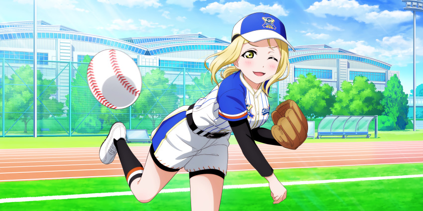 1girl absurdres baseball baseball_cap baseball_glove baseball_uniform black_socks blonde_hair game_cg hat highres love_live! love_live!_school_idol_festival_all_stars love_live!_sunshine!! official_art ohara_mari one_eye_closed outdoors socks sportswear white_footwear yellow_eyes