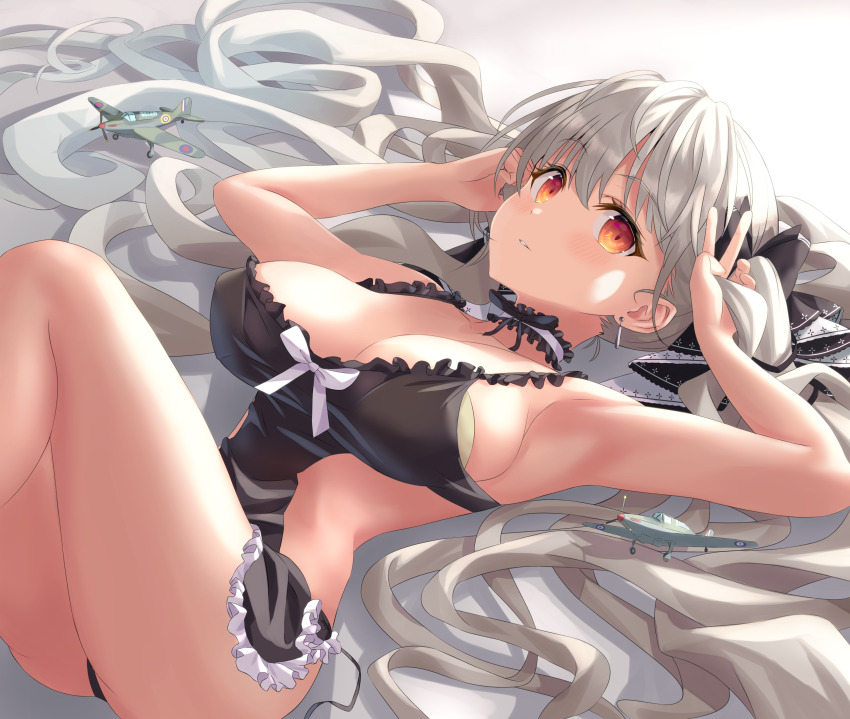 1girl absurdres armpits azur_lane bad_id bad_pixiv_id bare_arms bare_legs bare_shoulders black_bow black_choker black_dress black_panties black_ribbon blush bow breasts brown_eyes choker cleavage collarbone commentary dress earrings eyelashes formidable_(azur_lane) frilled_choker frills grey_hair hair_between_eyes hair_bow hamstarhand highres jewelry knees_up large_breasts legs long_hair looking_at_viewer lying microdress neck_ribbon on_back panties parted_lips revealing_clothes ribbon sideboob sidelocks skindentation sleeveless sleeveless_dress solo thighs twintails two-tone_ribbon underwear v very_long_hair