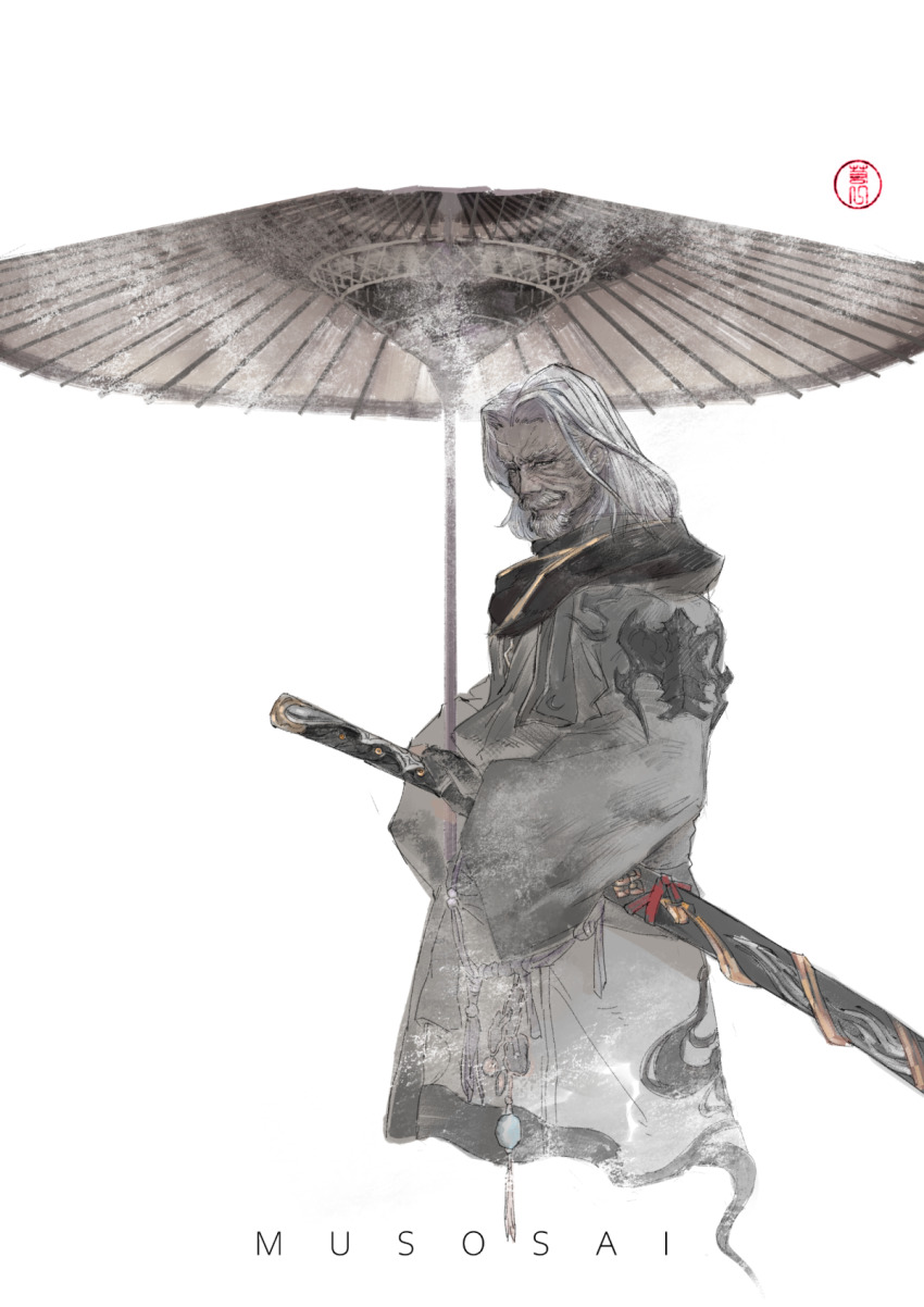 1boy artist_name beard character_name cowboy_shot cropped_legs facial_hair final_fantasy final_fantasy_xiv from_side grey_kimono highres holding holding_umbrella inrou japanese_clothes katana kimono looking_at_viewer male_focus medium_hair musosai mustache oil-paper_umbrella old old_man ruoyi120 samurai_(final_fantasy) sheath sheathed simple_background solo standing sword tassel umbrella weapon white_background white_hair wide_sleeves wrinkled_skin