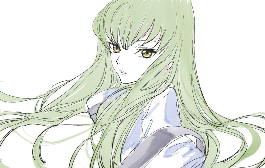 1girl c.c. code_geass commentary english_commentary floating_hair green_eyes green_hair high_collar highres long_hair looking_at_viewer needbee_r parted_lips simple_background solo white_background