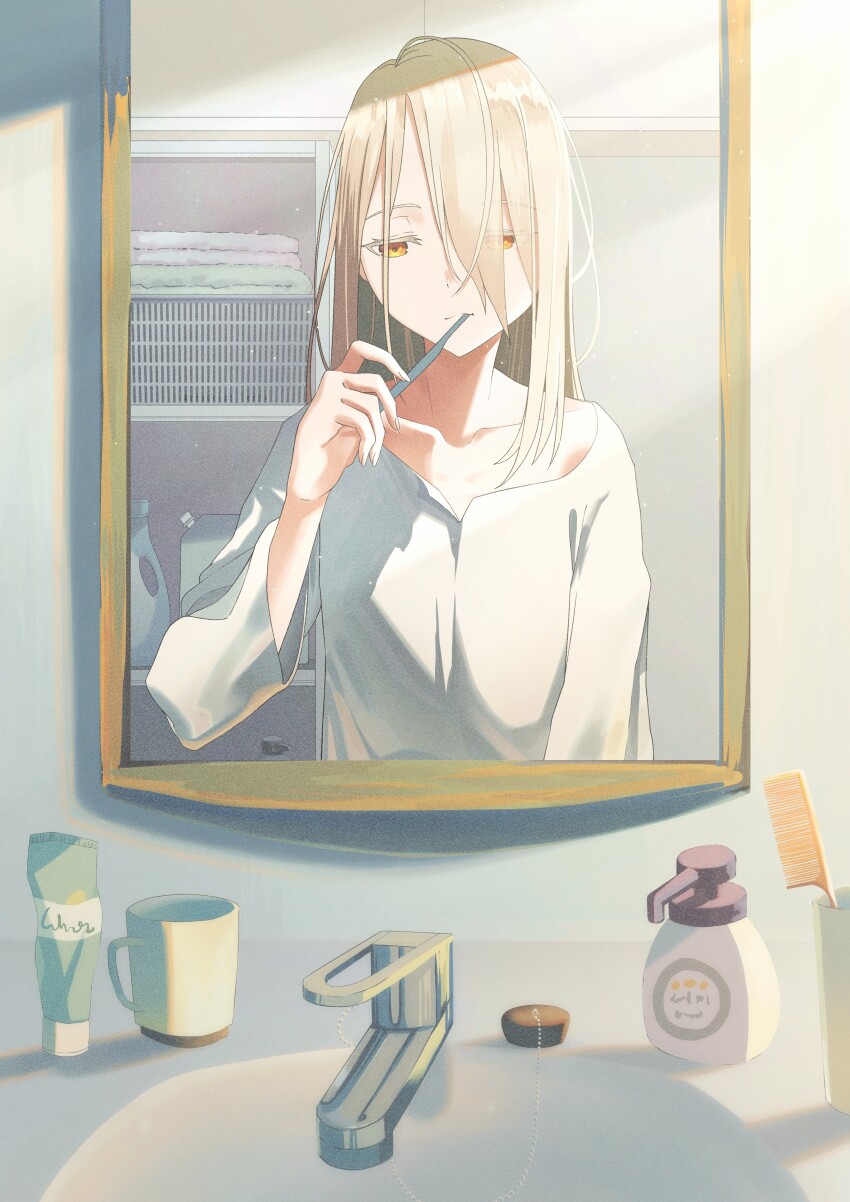 1girl absurdres blonde_hair brushing_teeth chocolat_teddy collarbone colored_eyelashes comb commentary_request cup drain_plug gakuen_idolmaster half-closed_eyes highres idolmaster long_hair long_sleeves mirror mug orange_eyes shinosawa_hiro shirt sink solo toothpaste towel white_shirt