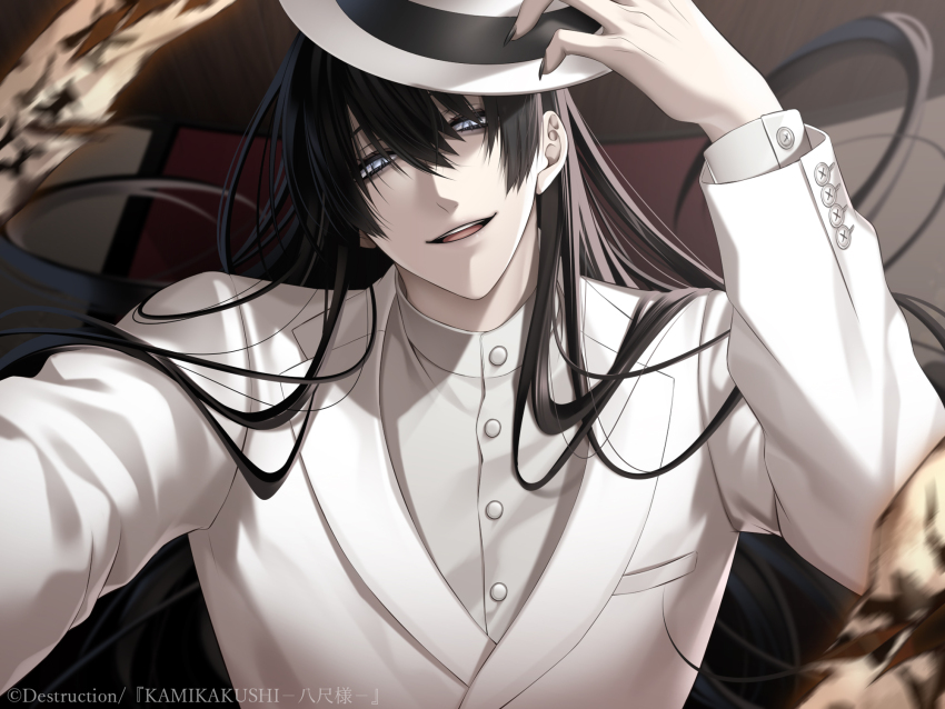 1boy bishounen black_hair blue_eyes commentary_request formal genderswap genderswap_(ftm) hasshaku-sama hat highres long_hair looking_at_viewer male_focus original solo suit suzuka_nene upper_body white_suit