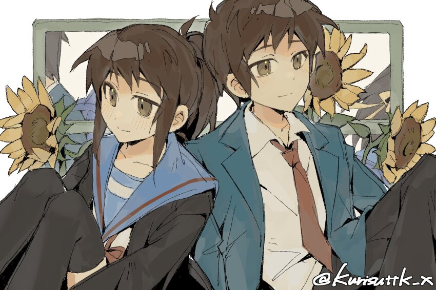 1boy 1girl artist_name black_cardigan black_pants black_thighhighs blazer blue_sailor_collar blue_skirt brown_eyes brown_hair cardigan closed_mouth collarbone collared_shirt dual_persona flower genderswap genderswap_(mtf) green_jacket highres jacket kita_high_school_uniform knees_up kyon kyonko long_hair long_sleeves necktie open_cardigan open_clothes open_jacket pants pleated_skirt ponytail red_necktie red_ribbon ribbon sailor_collar school_uniform serafuku shirt short_hair sitting skirt smile sunflower suzumiya_haruhi_no_yuuutsu tatsuki_kurisu thighhighs twitter_username watermark white_shirt winter_uniform