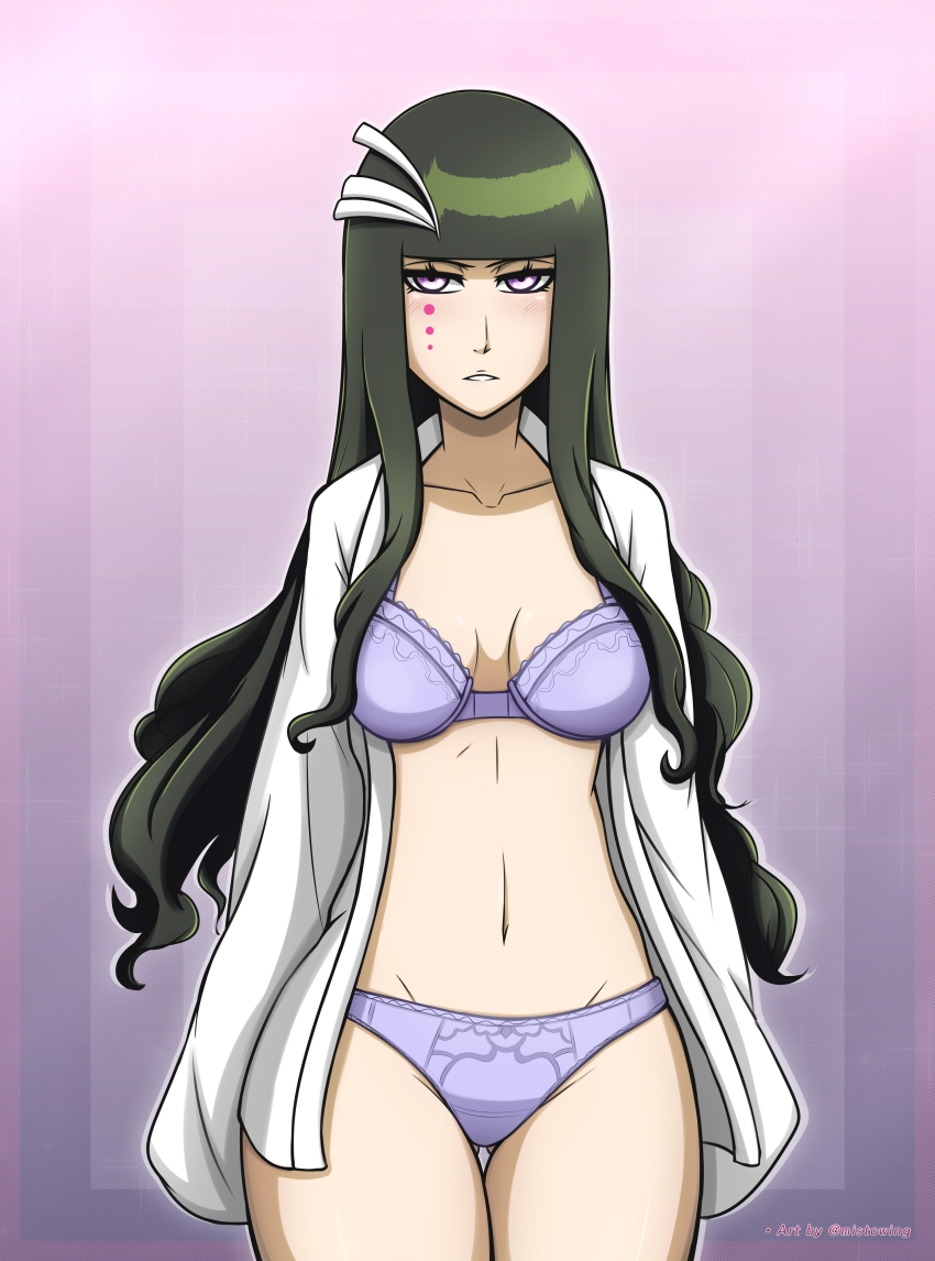 1girl absurdres bleach blush bra breasts cleavage collarbone cyan_sung-sun green_hair highres long_hair medium_breasts mistowing navel panties purple_bra purple_eyes purple_panties solo underwear