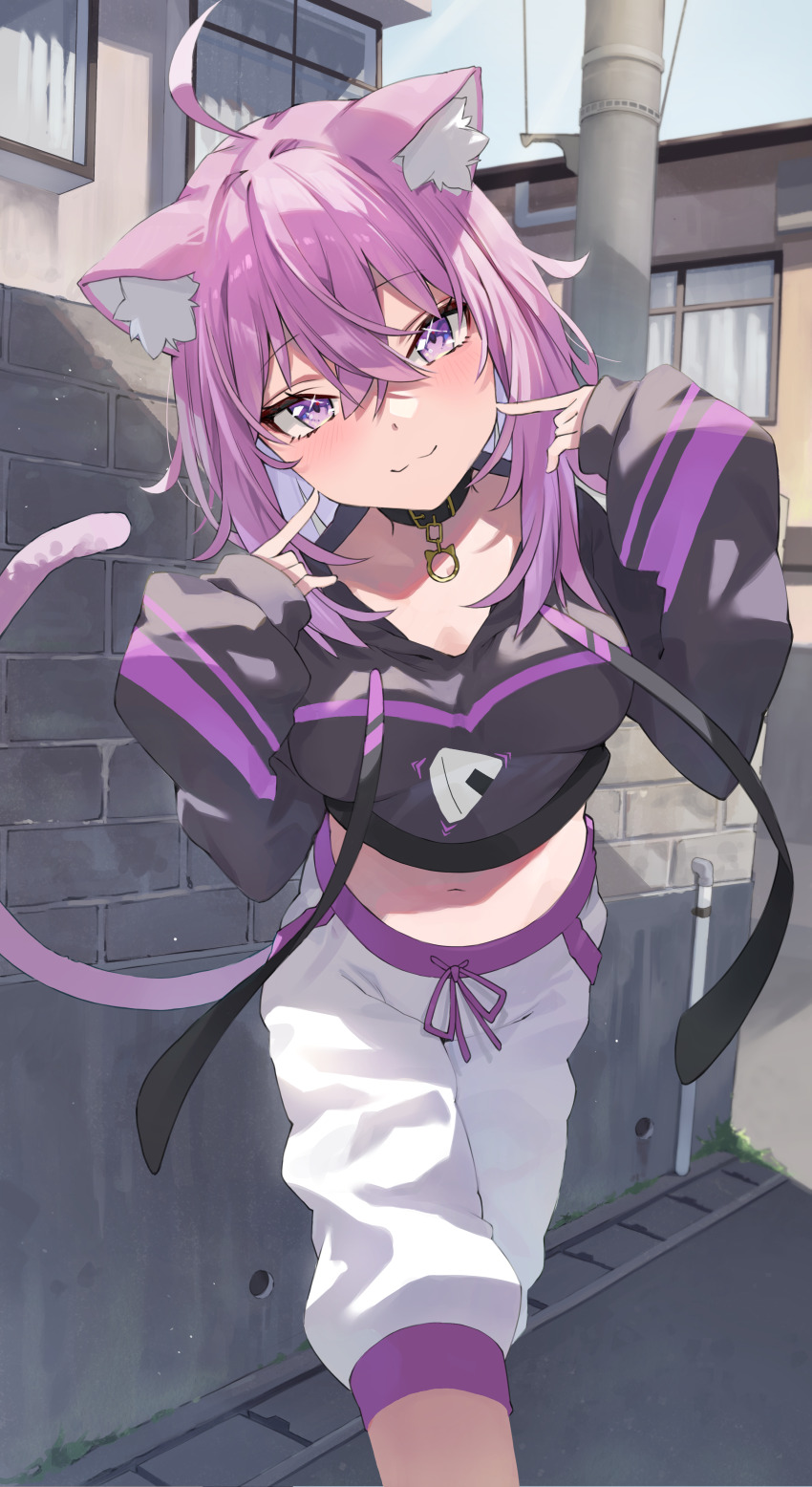 1girl absurdres animal_ears breasts cat_ears food_print highres hololive looking_at_viewer medium_breasts nekomata_okayu onigiri_print outdoors purple_eyes purple_hair riafel short_hair smile solo standing virtual_youtuber