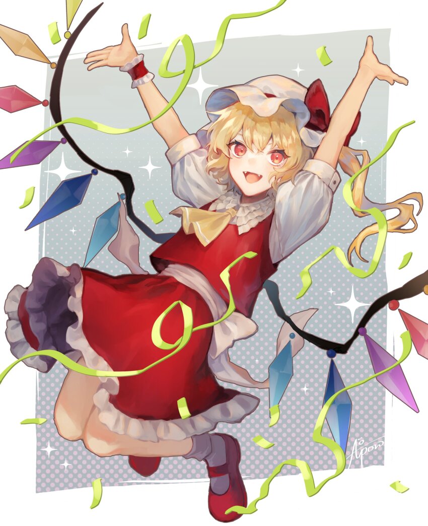 1girl :d arms_up ascot blonde_hair blush commentary_request confetti fangs flandre_scarlet frilled_skirt frills gensou_aporo hat highres looking_at_viewer mob_cap one_side_up open_mouth puffy_short_sleeves puffy_sleeves red_eyes red_skirt red_vest short_sleeves skirt smile solo sparkle touhou vest wings wrist_cuffs yellow_ascot