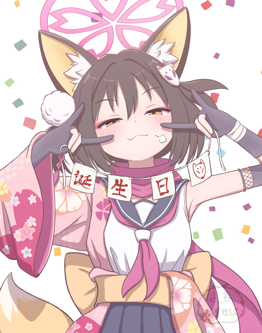 1girl :3 absurdres animal_ear_fluff animal_ears blue_archive blue_sailor_collar blue_skirt blush brown_hair commentary_request confetti double_fox_shadow_puppet eyeshadow fang floral_print floral_print_kimono fox_ears fox_girl fox_hair_ornament fox_shadow_puppet fox_tail gloves hadanugi_dousa hair_ornament half-closed_eyes halo highres izuna_(blue_archive) japanese_clothes kimono looking_at_viewer makeup mugisepa neckerchief open_kimono partially_fingerless_gloves pink_eyeshadow pink_halo pink_kimono pink_neckerchief pink_scarf pleated_skirt pom_pom_(clothes) pom_pom_hair_ornament puff_of_air sailor_collar scarf school_uniform serafuku shirt short_hair simple_background skin_fang skirt smug solo tail translation_request watermark white_background white_shirt yellow_eyes