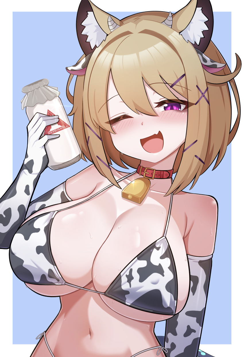 1girl absurdres animal_ears animal_print arknights bare_shoulders bell bikini blonde_hair blush border breasts cleavage collar collarbone cow_ears cow_girl cow_horns cow_print cow_print_bikini cowbell elbow_gloves fang gician_l gloves hair_between_eyes hair_ornament highres horns large_breasts looking_at_viewer navel neck_bell one_eye_closed open_mouth print_bikini purple_eyes short_hair skin_fang smile solo swimsuit upper_body utage_(arknights) white_border