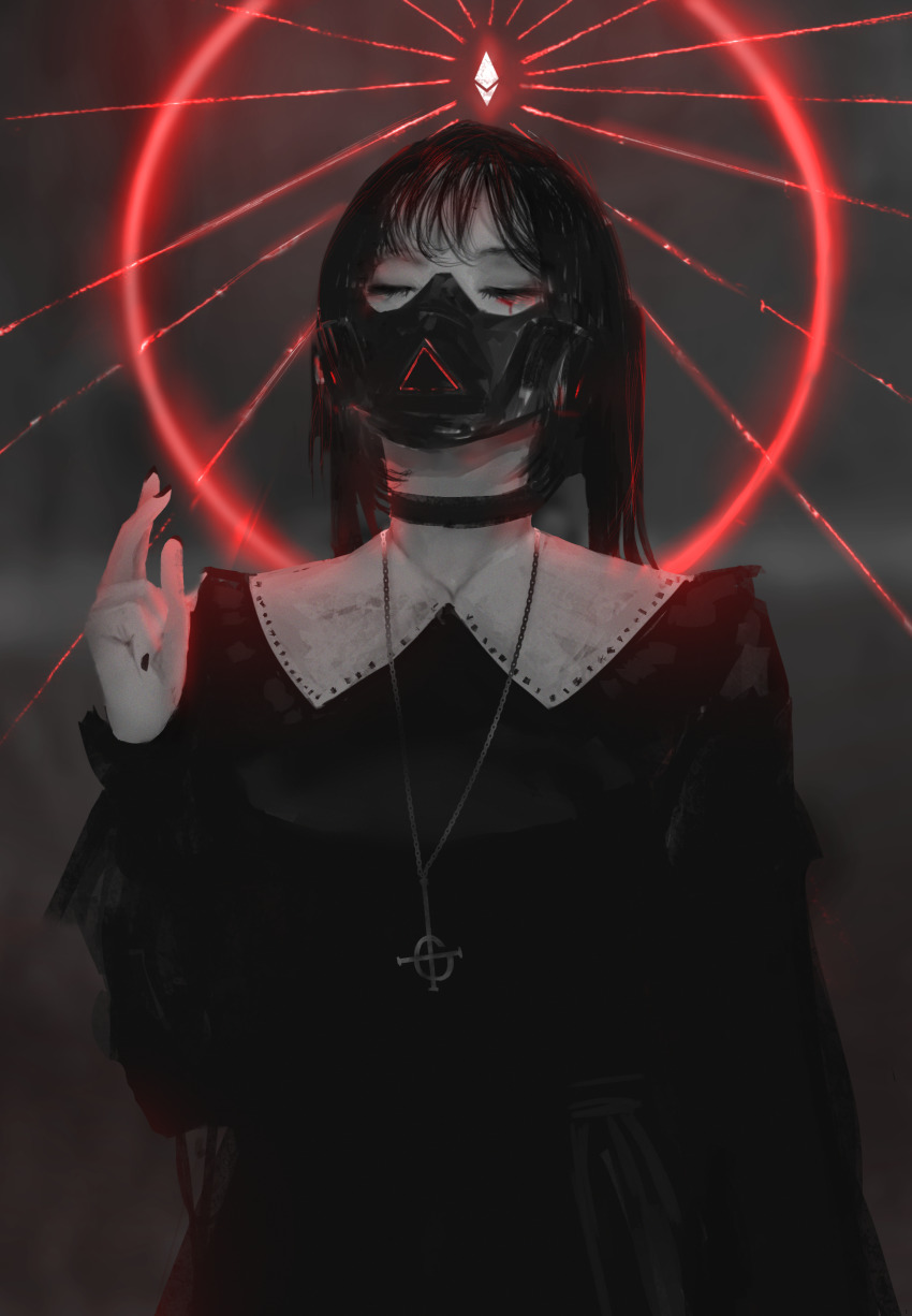 1girl absurdres aoi_ogata artist_name black_choker black_dress black_hair black_mask black_nails blood bloody_tears choker closed_eyes cross dark_background dress facing_viewer glowing grey_background hand_up highres inverted_cross jewelry light long_hair long_sleeves mask nail_polish necklace nun original pale_skin pendant religion respirator solo traditional_nun twintails upper_body