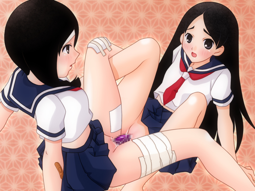 00s 2girls bandages black_hair blush braid brown_eyes censored count_zero dildo double_dildo kitsu_chiri kobushi_abiru long_hair mosaic_censoring multiple_girls parted_bangs sayonara_zetsubou_sensei school_uniform serafuku sex_toy shared_object_insertion twin_braids yuri