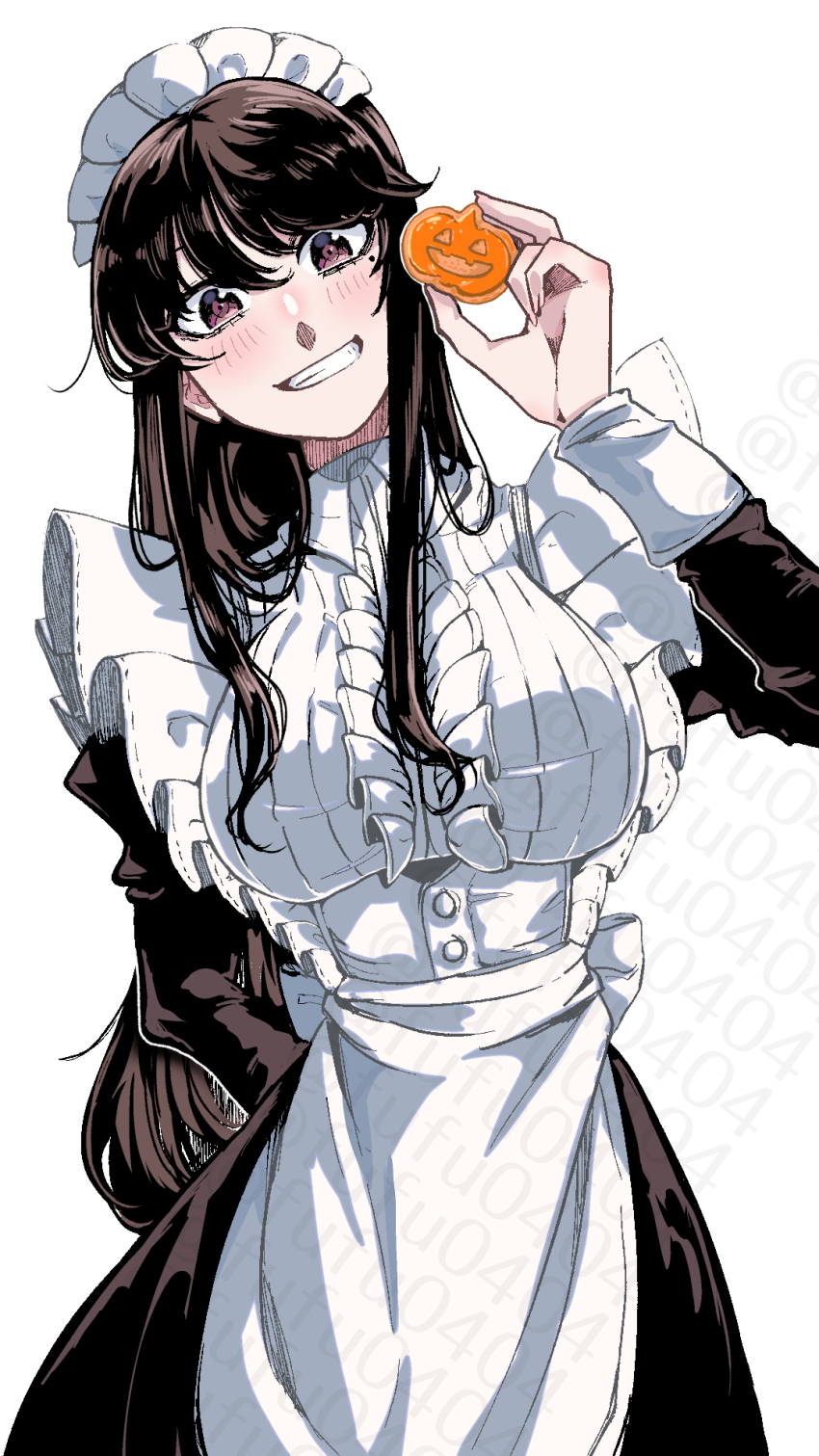 1girl apron arm_behind_back black_dress black_hair blush breasts center_frills commentary cookie cowboy_shot dress food frilled_apron frills fufu_(fufuichi04) grin head_tilt highres holding holding_cookie holding_food juliet_sleeves large_breasts long_hair long_sleeves looking_at_viewer maid maid_apron maid_headdress mana_(fufuichi04) mole mole_under_eye original puffy_sleeves pumpkin purple_eyes smile solo symbol-only_commentary twitter_username underbust watermark white_apron white_background