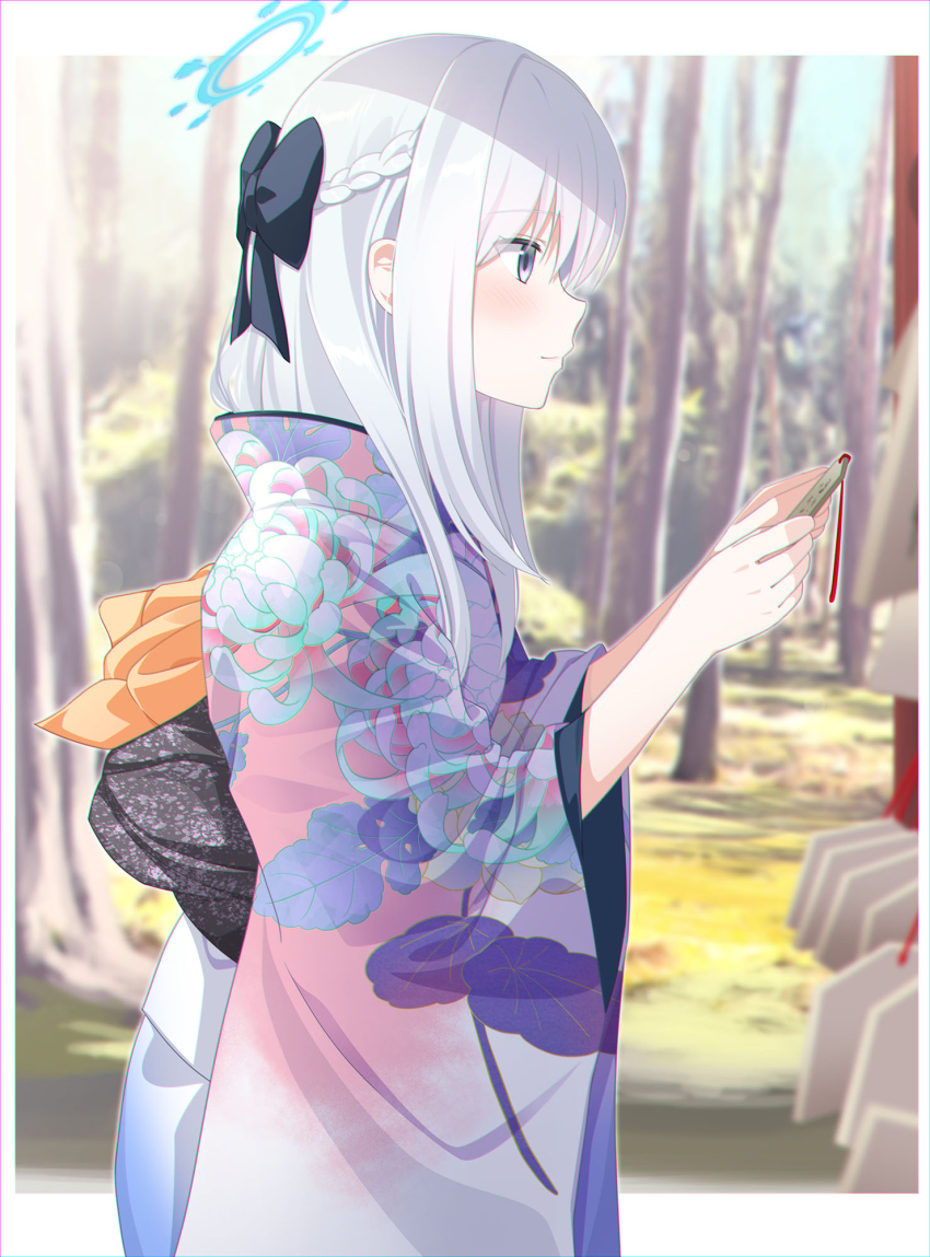 1girl alternate_costume blue_archive blue_halo blush braid closed_mouth day eko ema floral_print floral_print_kimono from_side grey_hair halo highres japanese_clothes kimono long_hair long_sleeves miyako_(blue_archive) obi outdoors print_kimono profile purple_eyes purple_kimono sash solo wide_sleeves