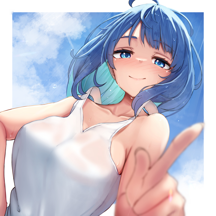 1girl absurdres ahoge bare_arms blue_eyes blue_hair blurry blush border breasts closed_mouth collarbone colored_inner_hair commentary_request depth_of_field green_hair highres index_finger_raised large_breasts looking_at_viewer make_heroine_ga_oo_sugiru! medium_hair multicolored_hair solo sweat tank_top tatapopo upper_body white_border white_tank_top yanami_anna